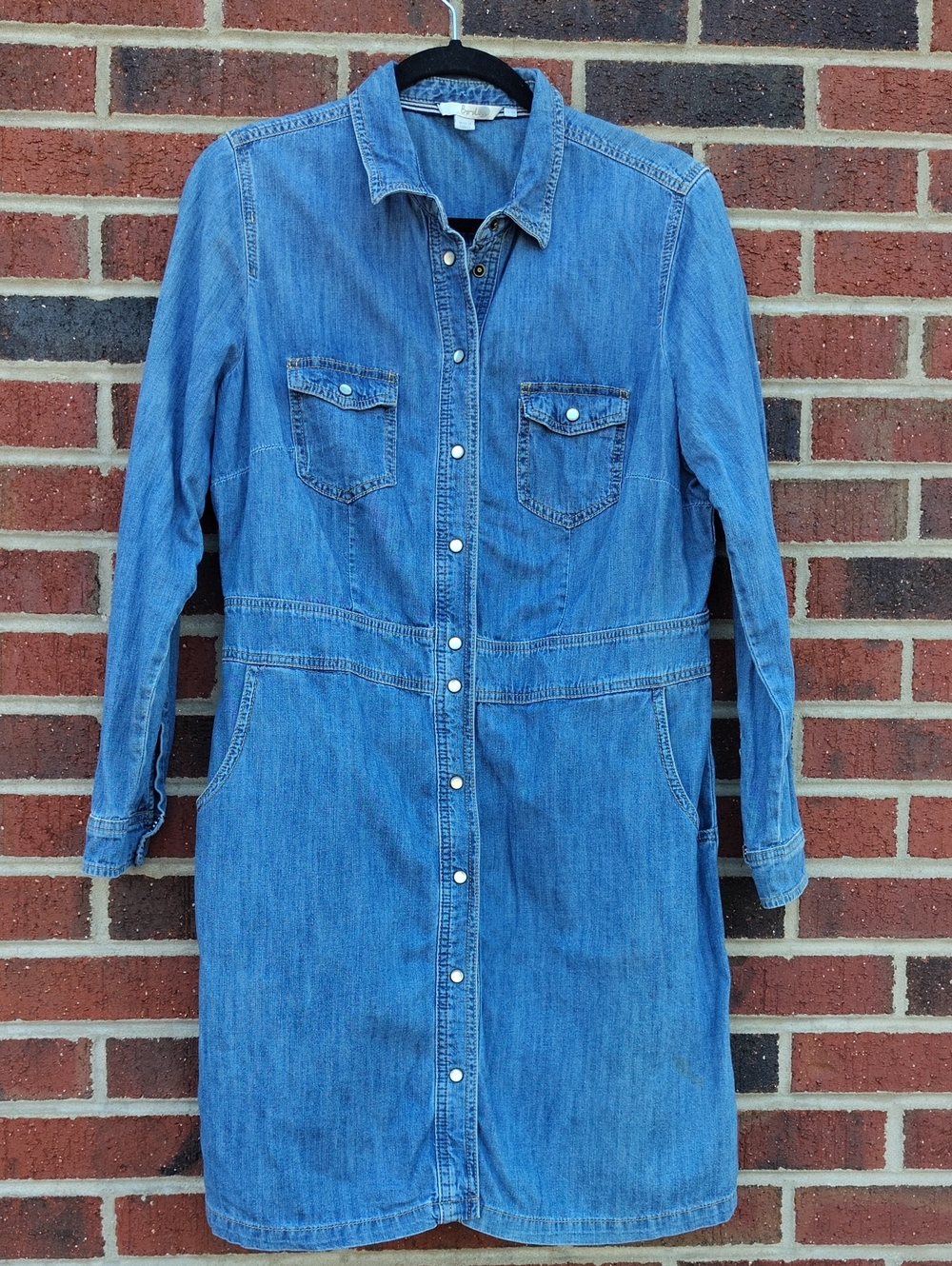 Boden Blue Denim Shirt Dress - Long Sleeve Western Cowgirl Pearl Snap Women's 12